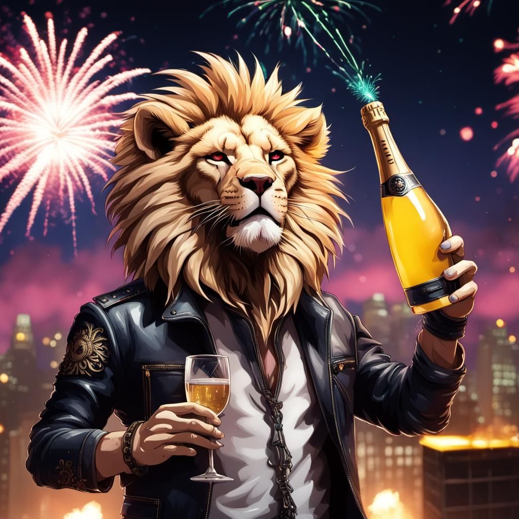 Cyberpunk Lion Celebrates with Fireworks