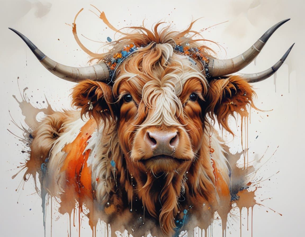 Highland Cow Portrait with Dramatic Sky