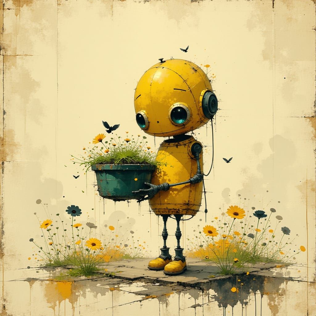 Cute Robot Holding a Flowerpot