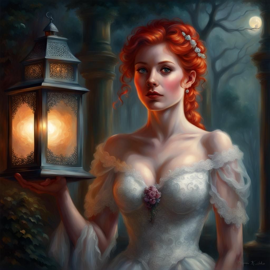 Ethereal Bride with Lantern in Misty Fantasy