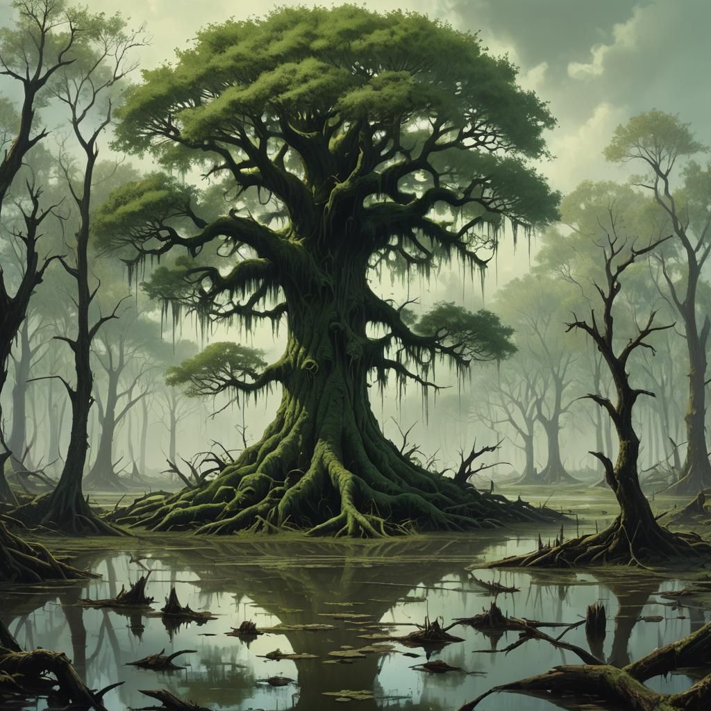 Sinister Green Tree Dominates Swamp Landscape