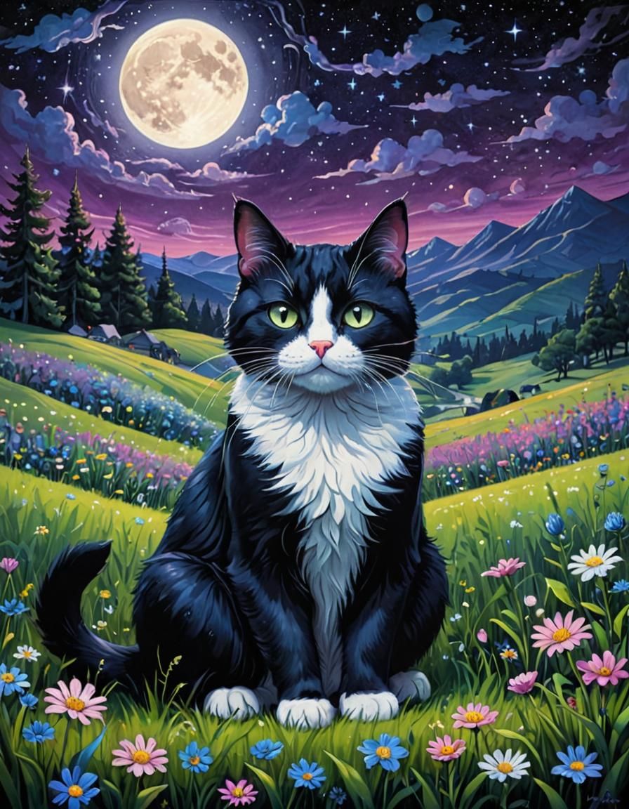 Whimsical Moonlit Cat in a Dreamlike Meadow