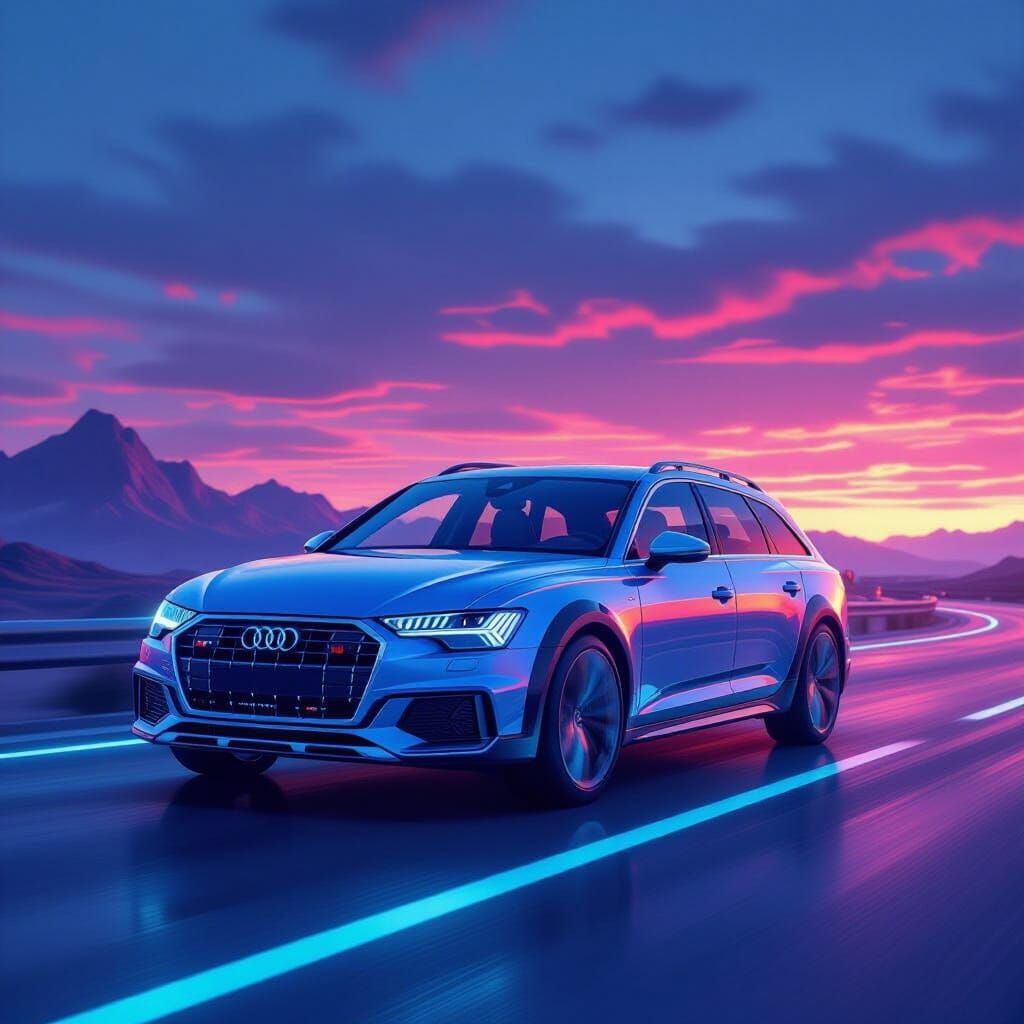 Blue Audi A6 on Neon Road at Sunset