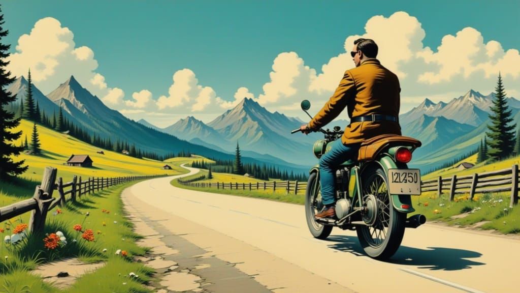 Man Rides Motorcycle Through Scenic Mountains