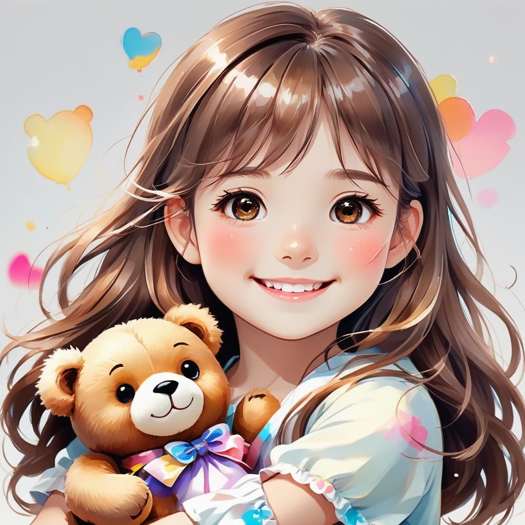 Smiling Anime Girl with Toy Bear in Pastel Colors
