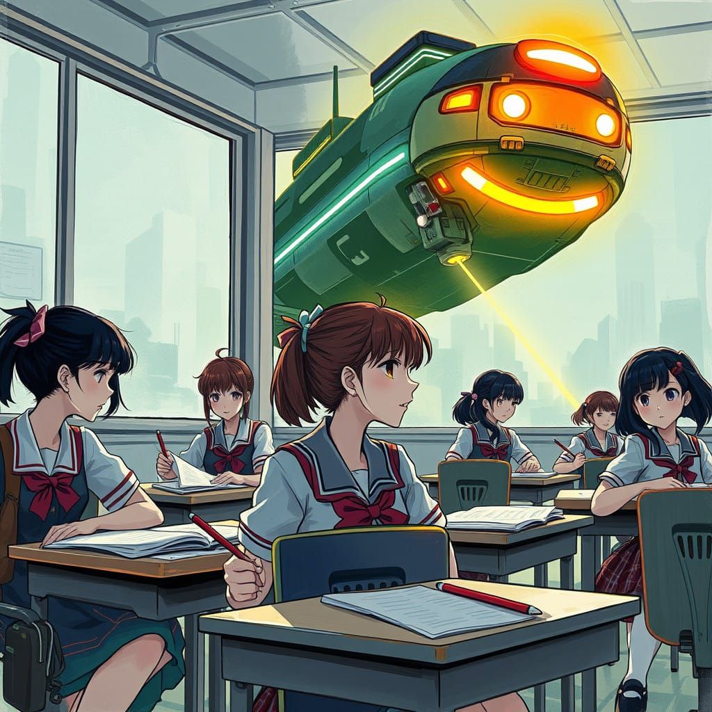 East Asian Schoolgirls Mesmerized by Alien Ship