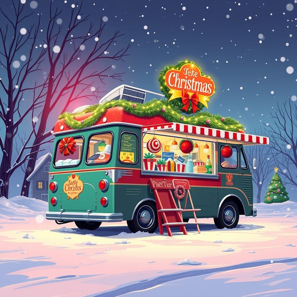 Retro Christmas Food Truck in Vibrant Winter Wonderland