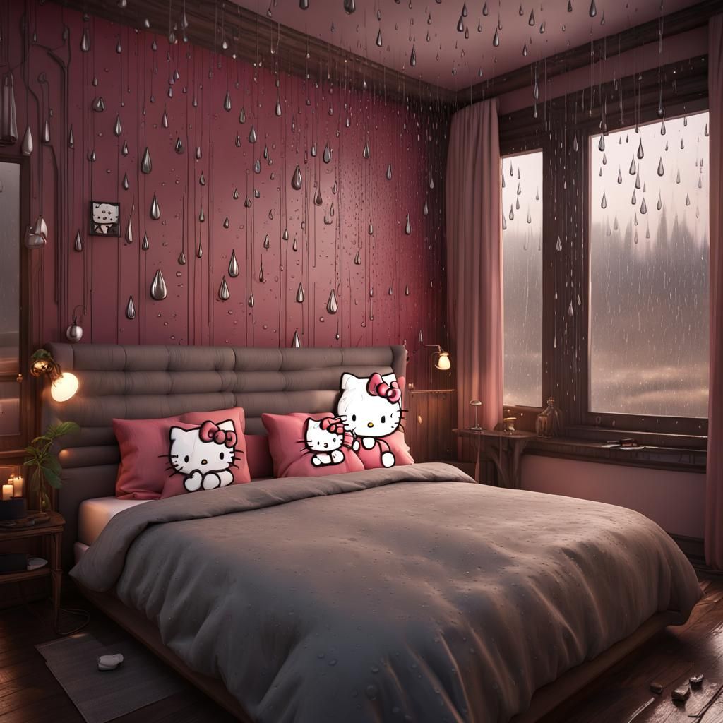 Hello Kitty Wallpaper in Rainy Bedroom: Detailed Matte Paint...