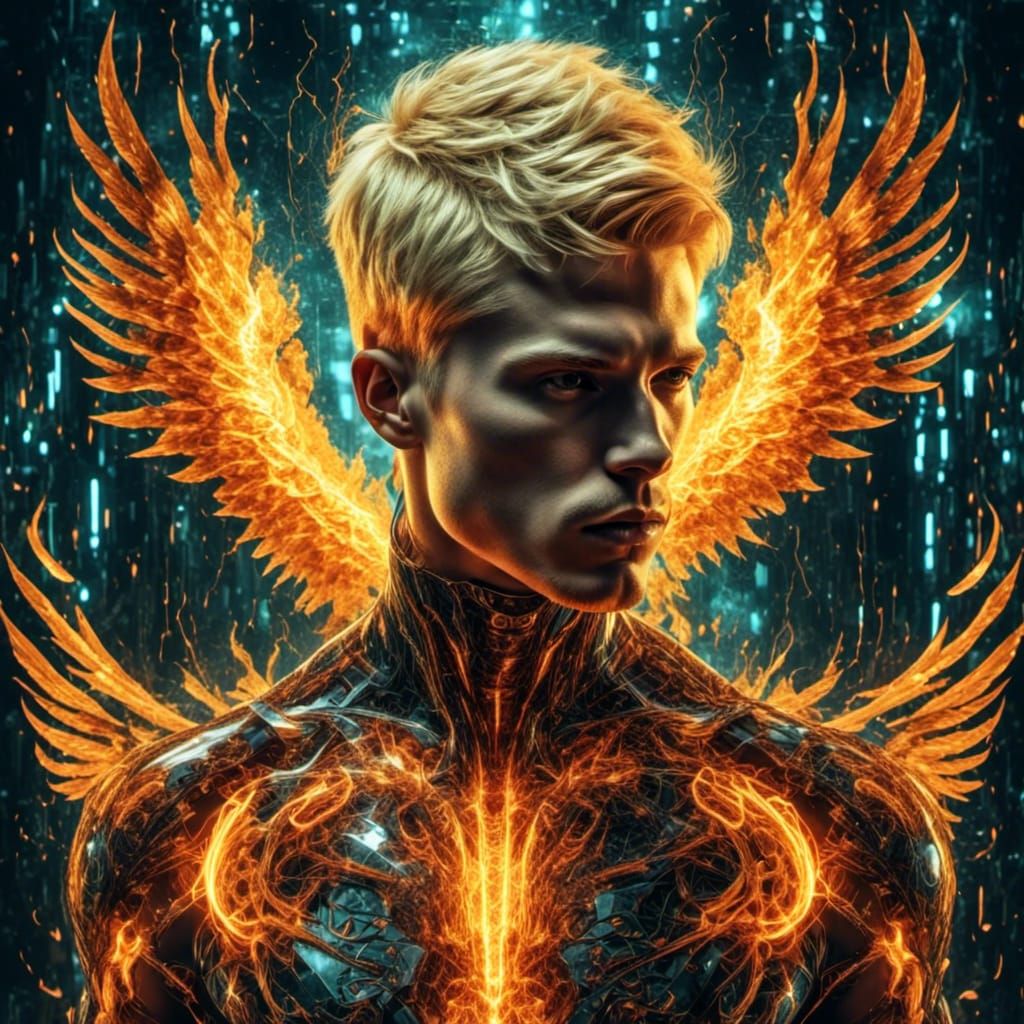 Android Double Exposure with Flames and Wings
