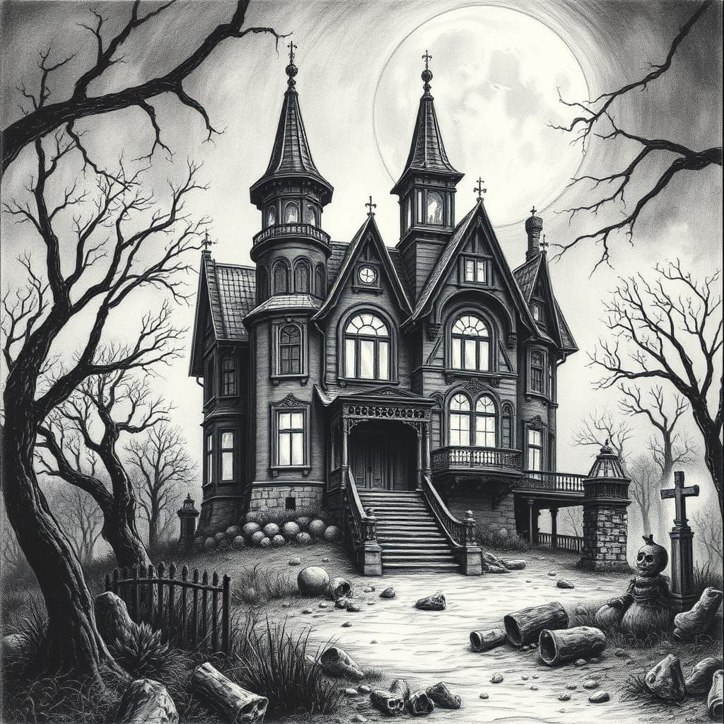 Eerie Haunted Mansion in Moonlight: Charcoal Drawing