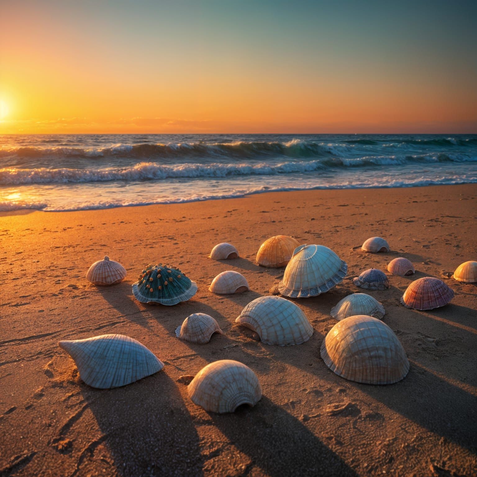 Surreal Sunset Shell Beach in Vibrant, Detailed Fantasy Art