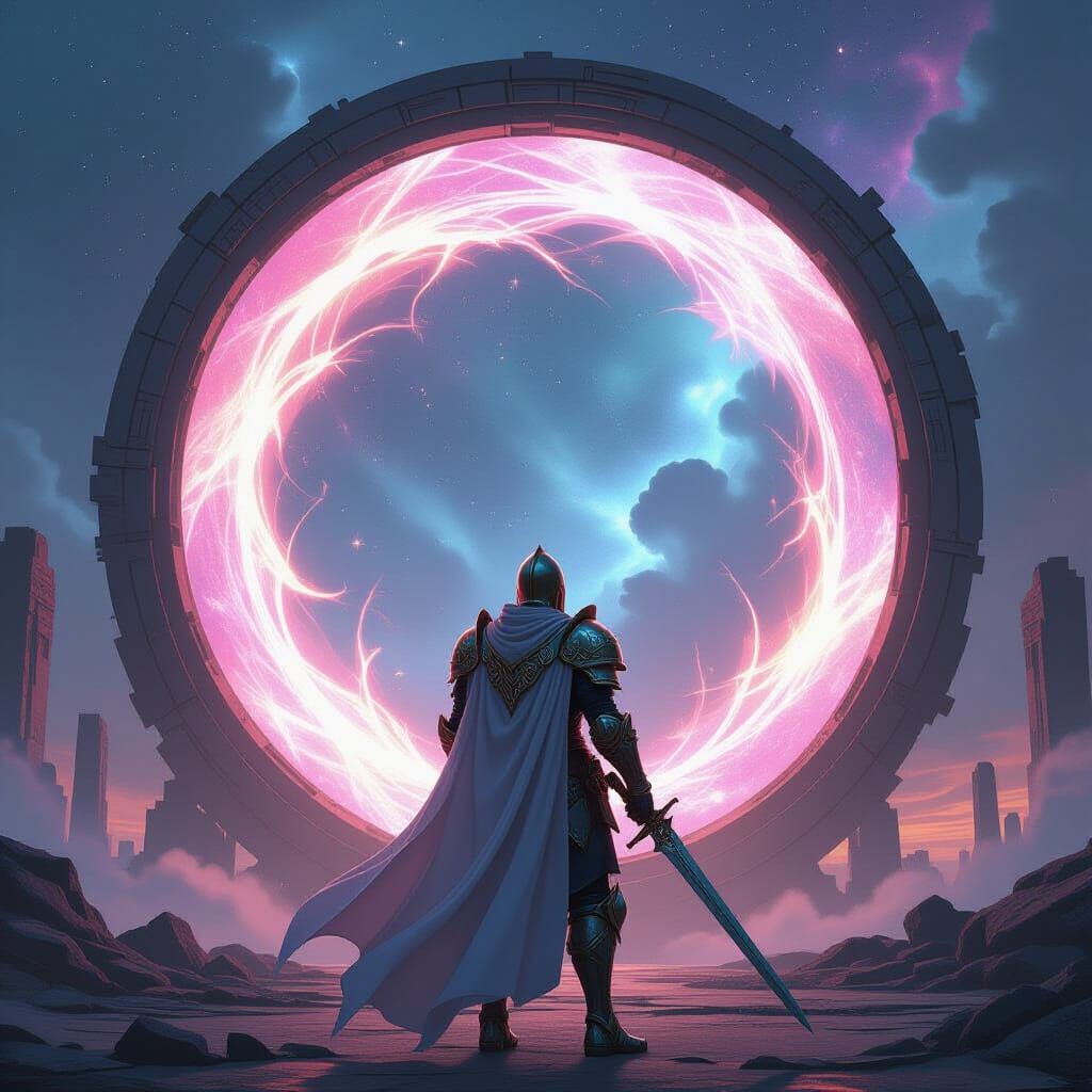 Futuristic Knight Guardian of Cosmic Portal