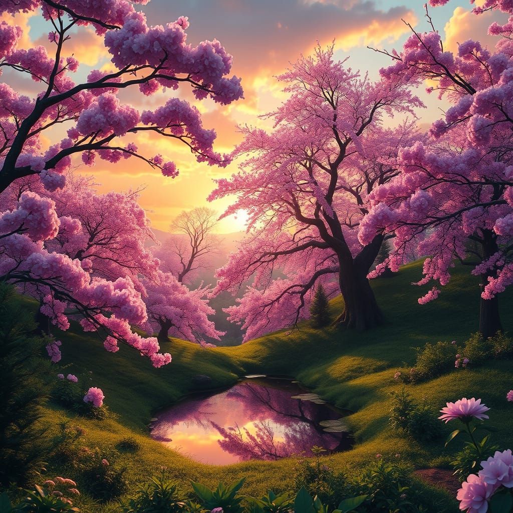 Ethereal Cherry Blossom Dreamscape with Soft Clouds and Warm...