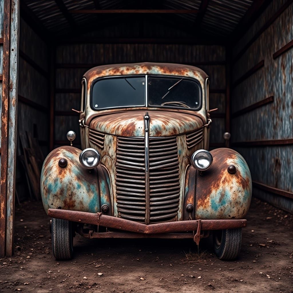 Wabi-Sabi Old Timer Car in Shed, Painterly Style
