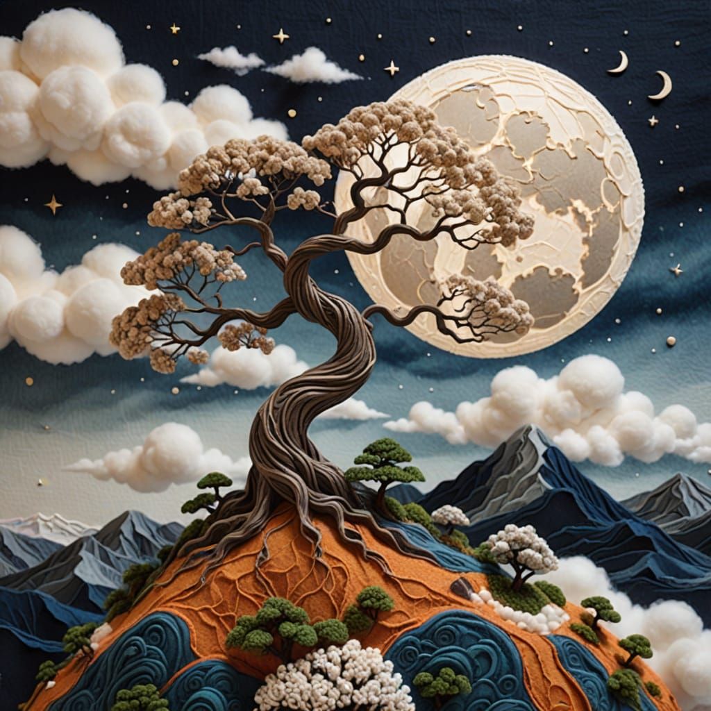 Hyperdetailed Fabric Bonsai Mountain Landscape in Surreal St...