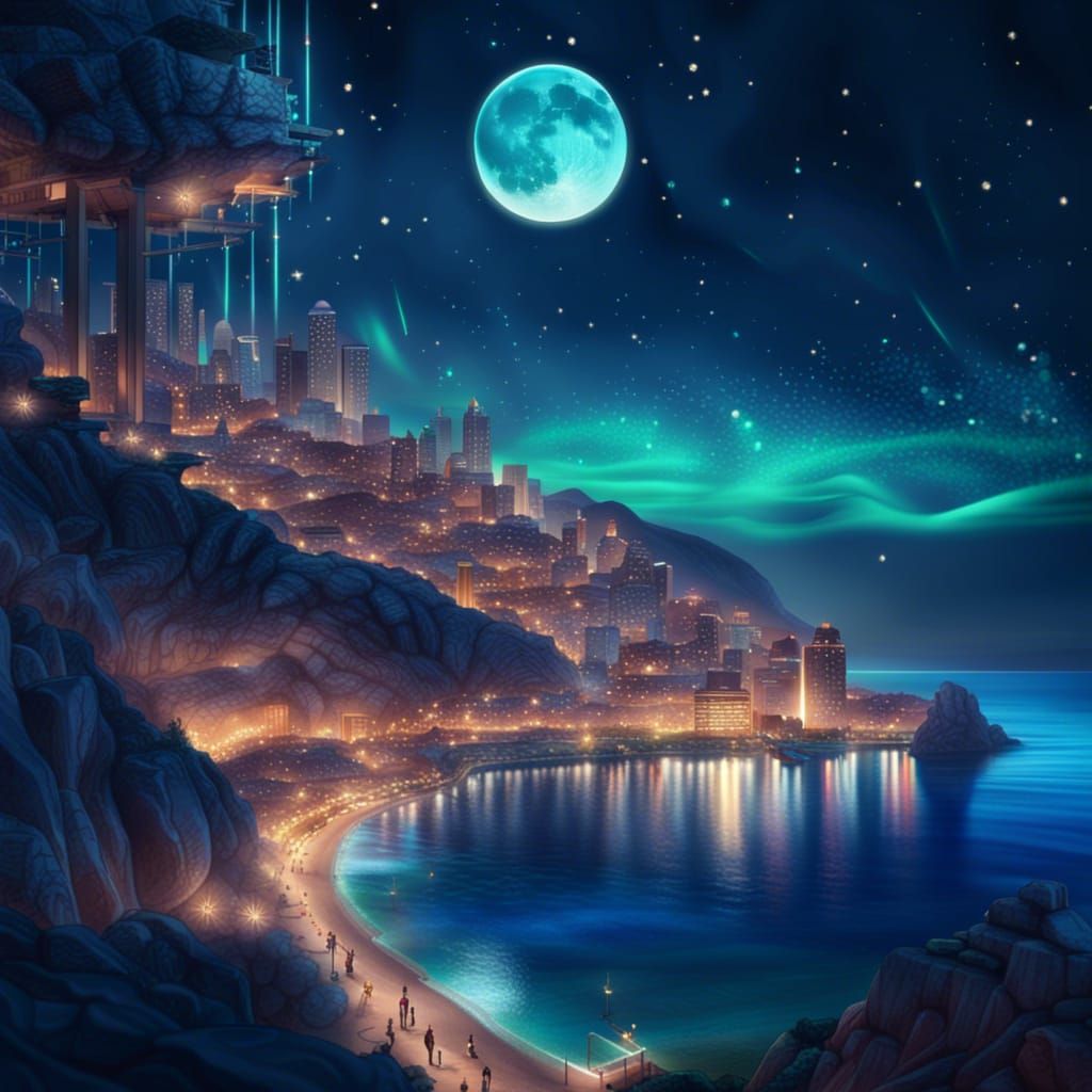 Hyperrealistic Mediterranean Cityscape Under Aurora Borealis