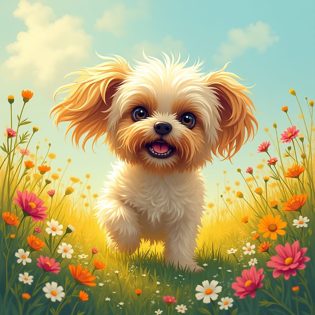 Havanese Dog Dancing in a Vibrant Meadow