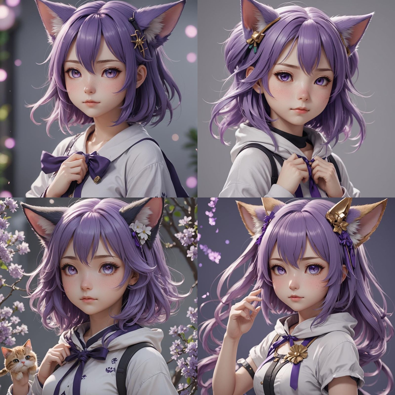 Anime Neko Girl with Purple Hair in 3D