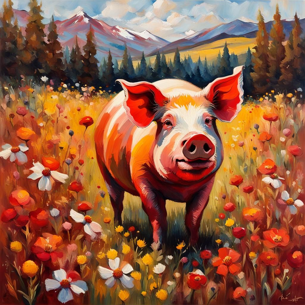 Pig in Meadow: Naïve Art Painting