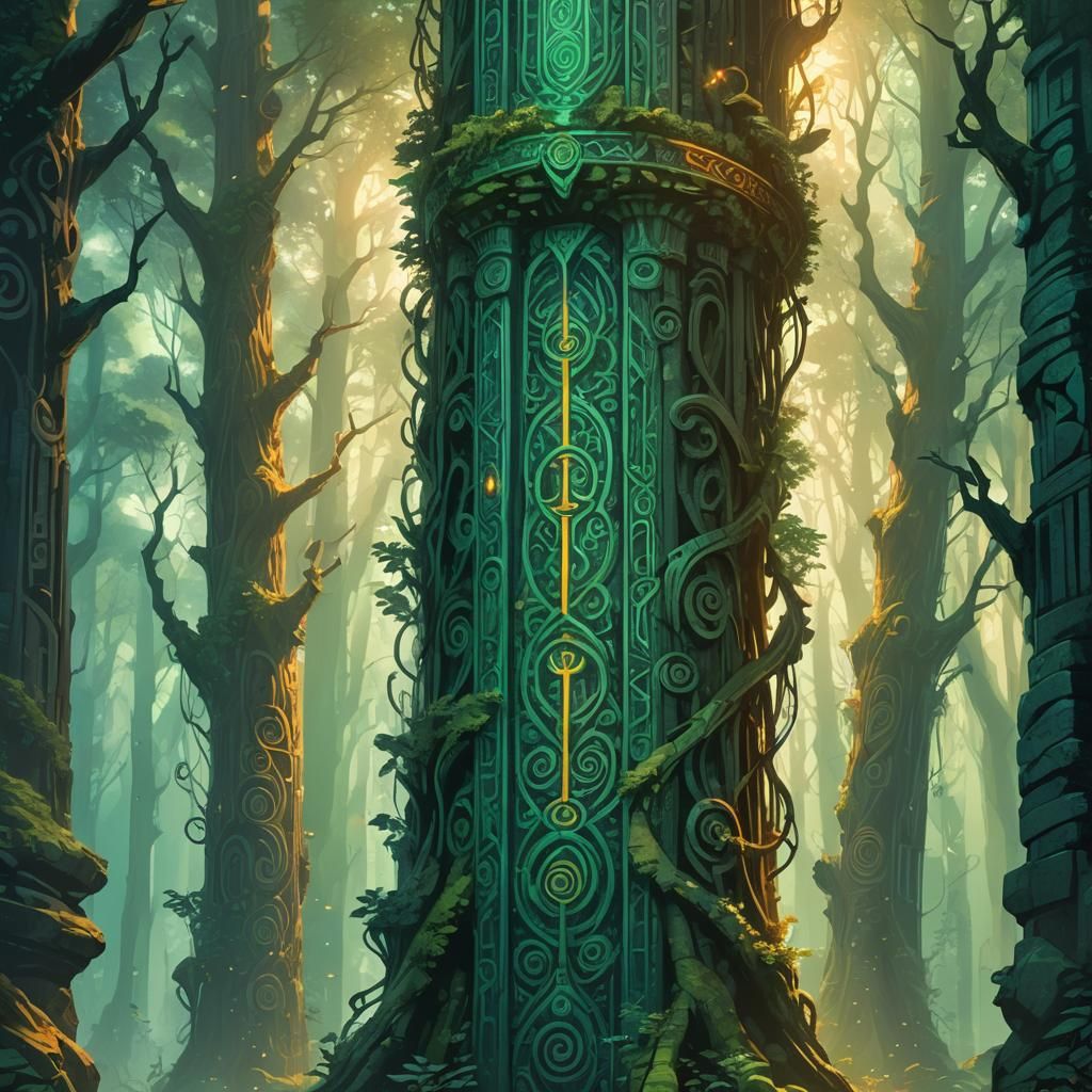 Mystical Forest Crossroads with Ancient Runestone Pillar