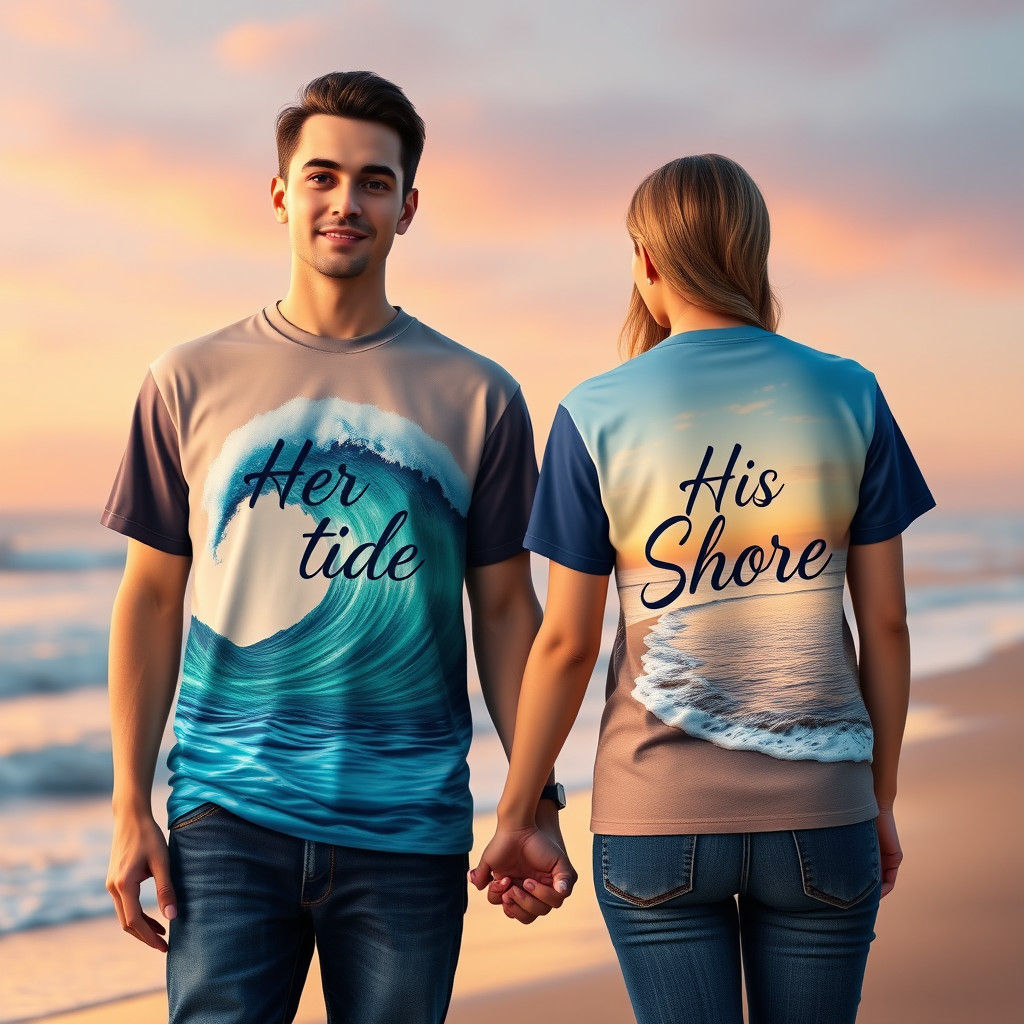 Matching Couple T-Shirts with Interactive Beach Sunset Desig...