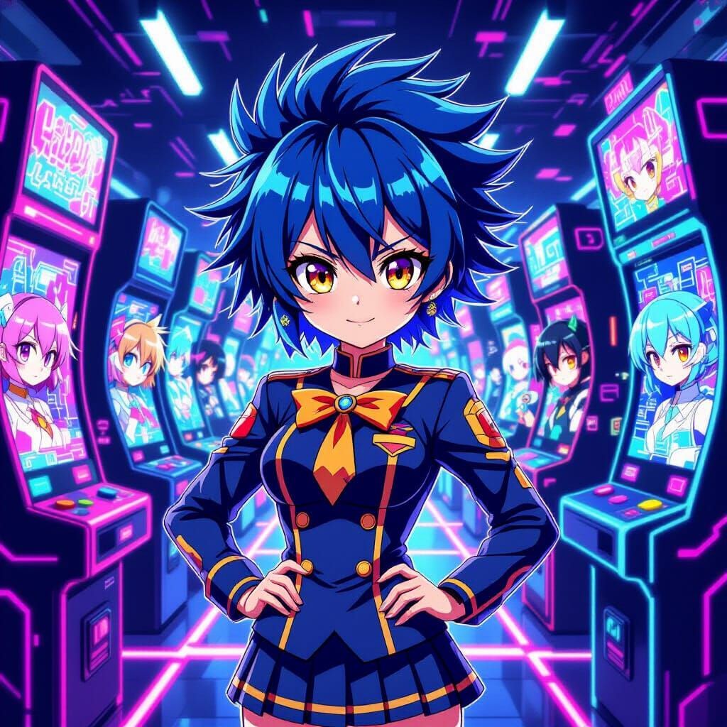 Anime Girl in Neon Arcade, Cel-Shaded Style