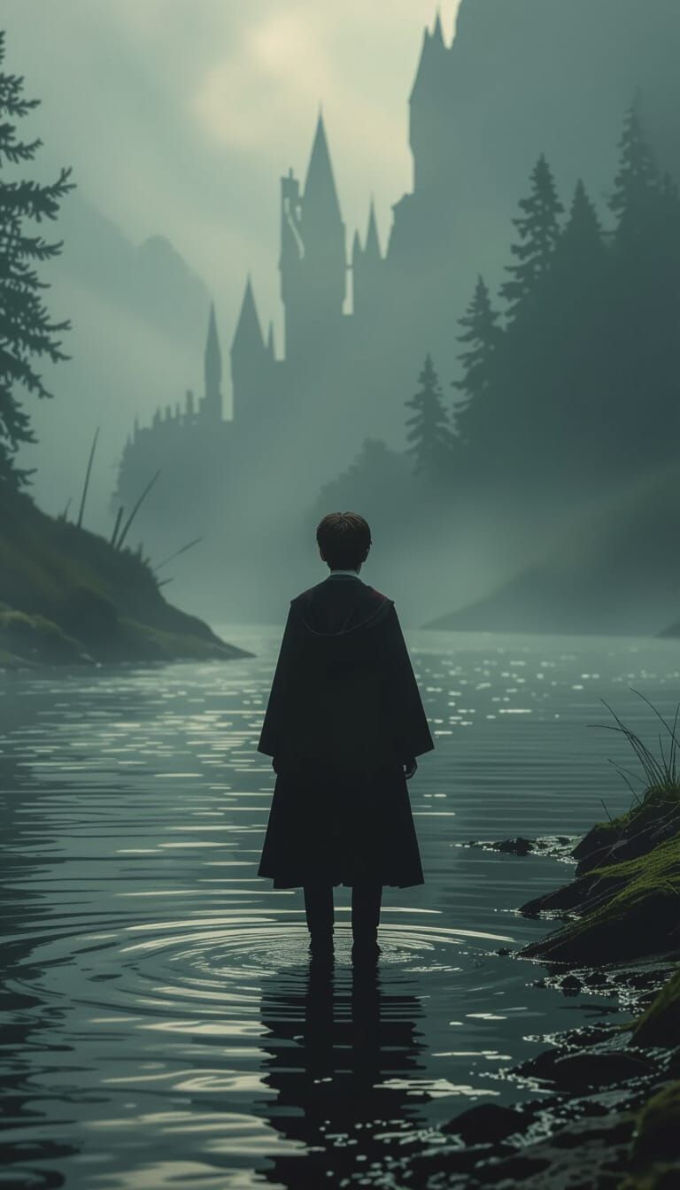 Harry Potter on Mystical Riverbank in Dark Fantasy Style