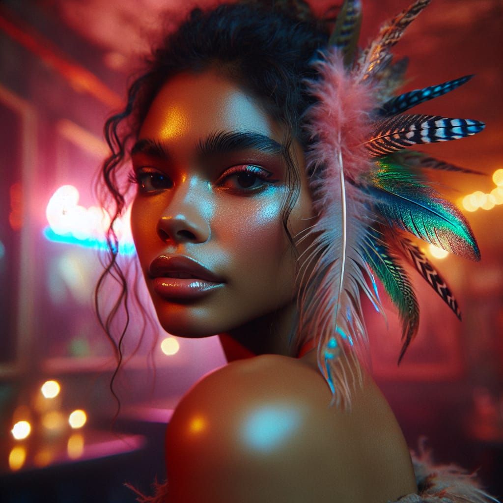 Beautiful First Nation Woman in Neon Lighting