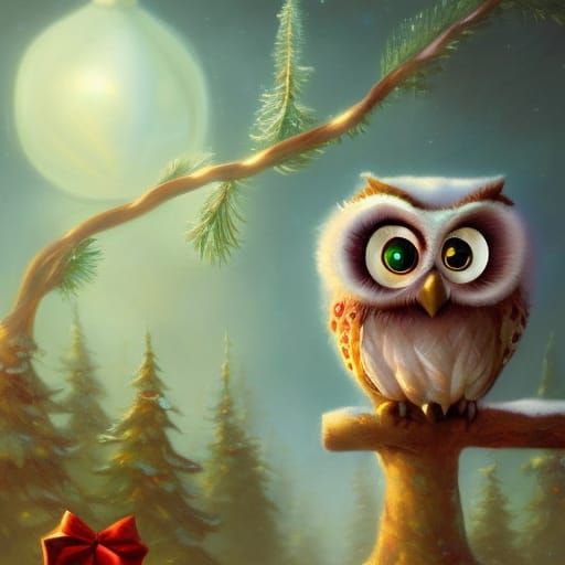 Adorable Christmas Owl in a Digital Painting