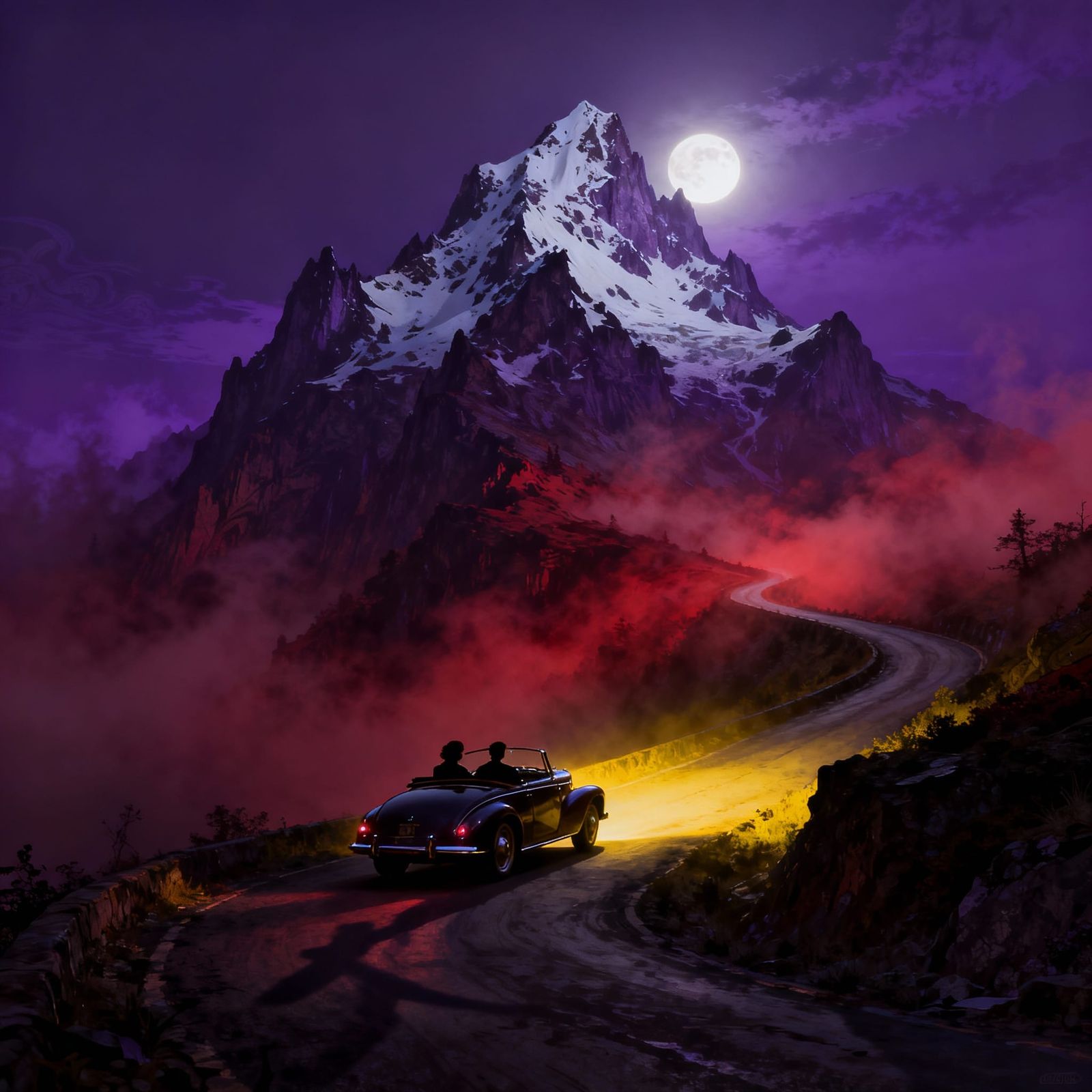 Eerie Mountain Ascent in Red Fog with Classic Car