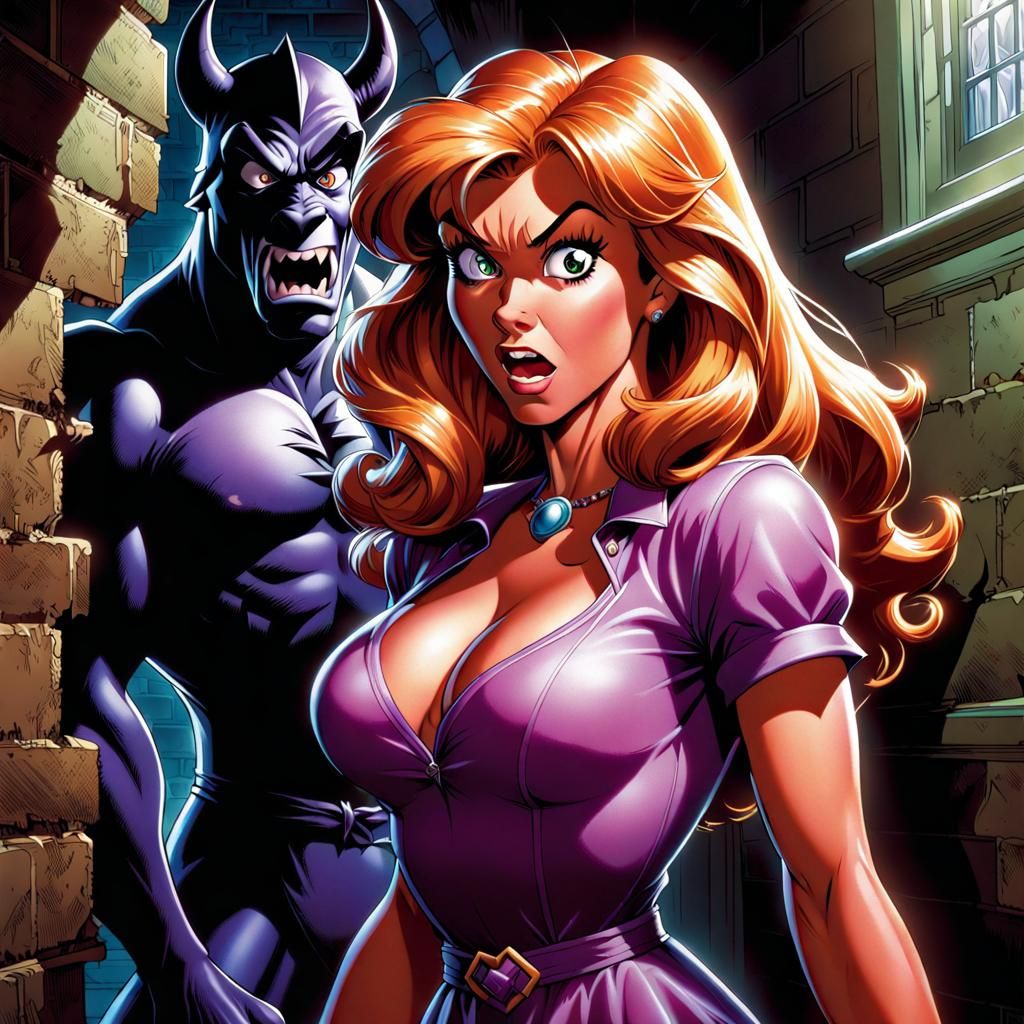 Frightened Daphne and Demon Shadow, Comic Book Art