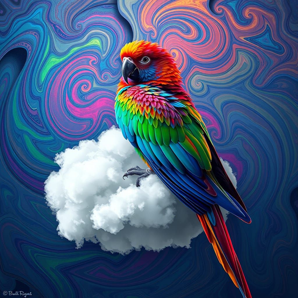 Iridescent Parrot on Cloud in Psychedelic Style
