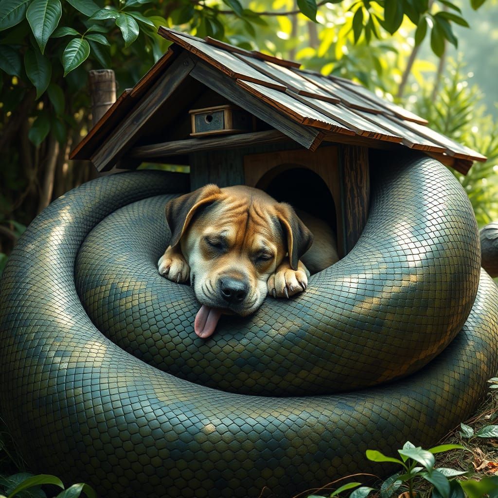 Surreal Friends: Anaconda and Dog Snuggle in a Rustic Haven
