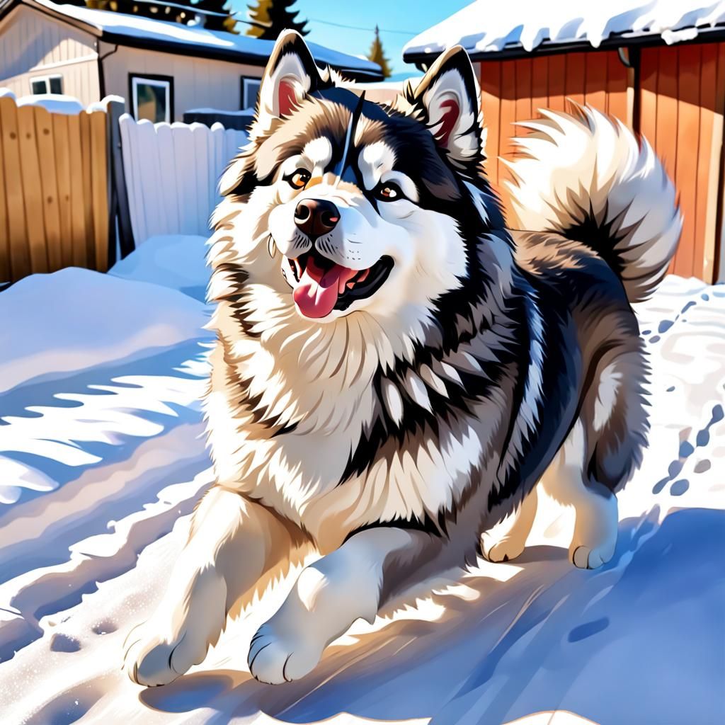 Playful Alaskan Malamute in Snow, Digital Painting