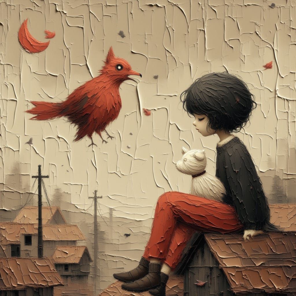 Anime Boy with Pet Bird on Cottage Roof