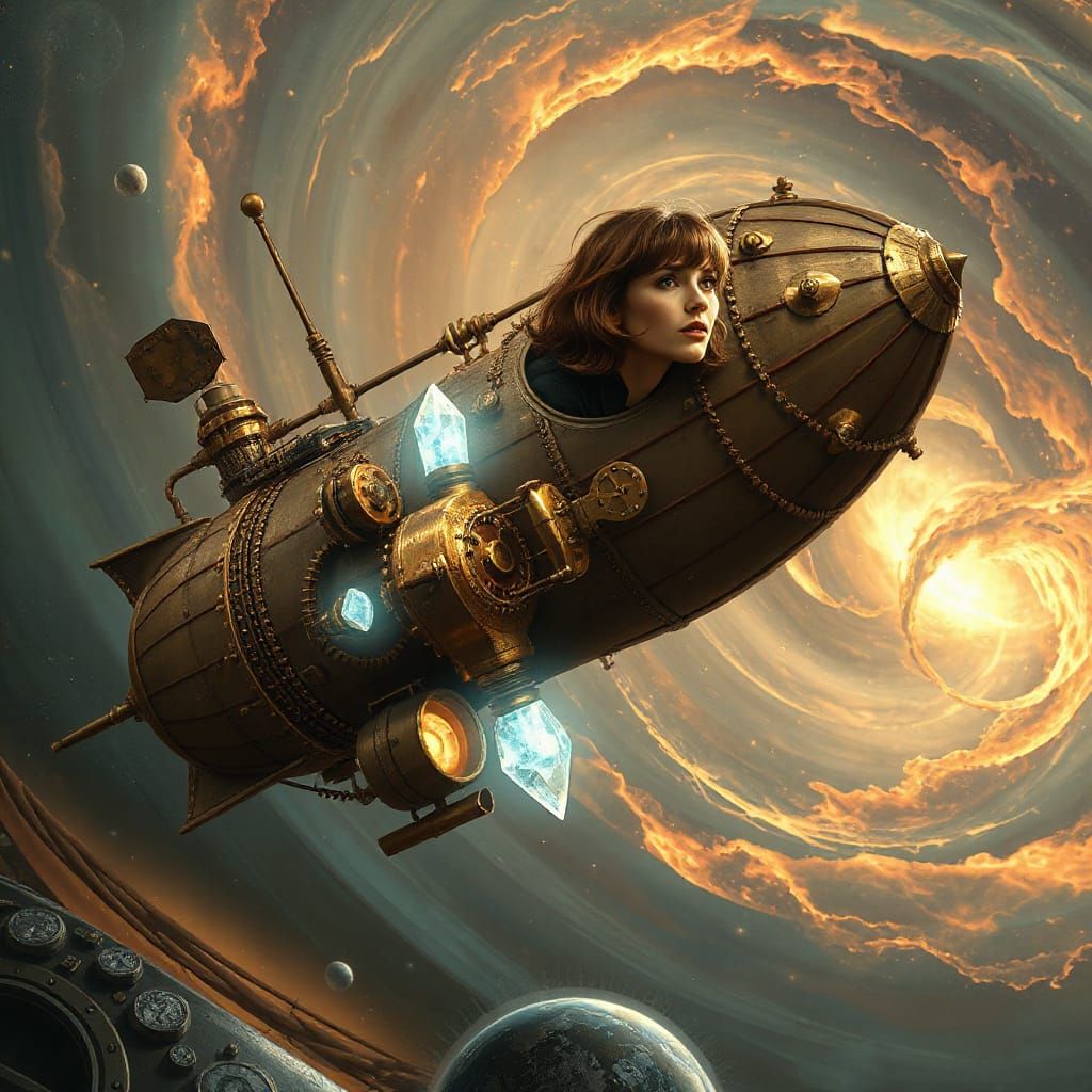 Steampunk Airship in Nebula, Art Nouveau Style