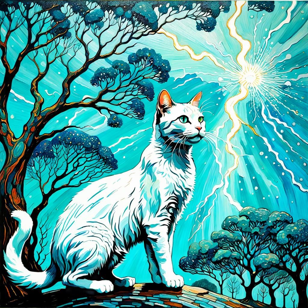 Cat in Turquoise Ink, Neo-Impressionist Style