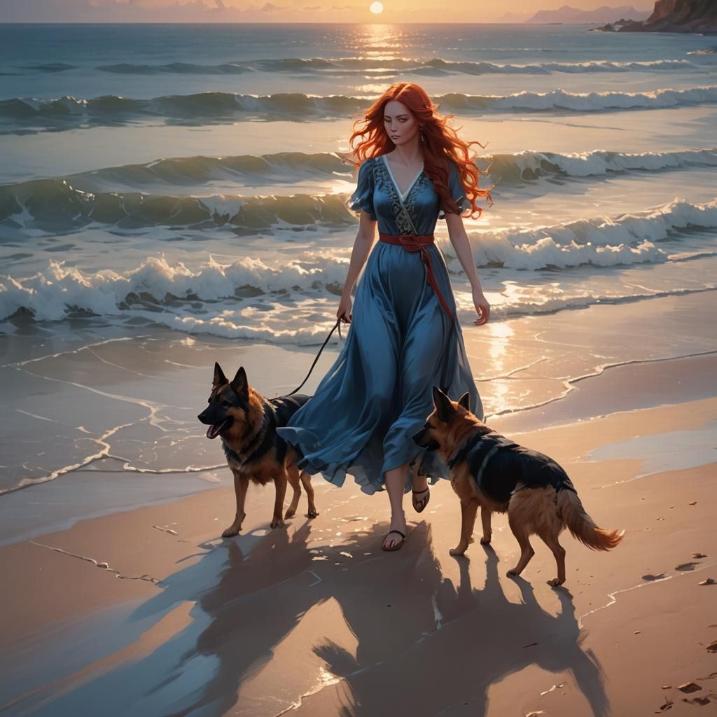 Girl and Dog on Beach at Sunset, Anime Style