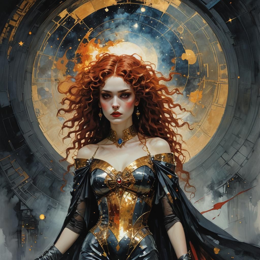 Futuristic Vampiress Queen with Fiery Hair