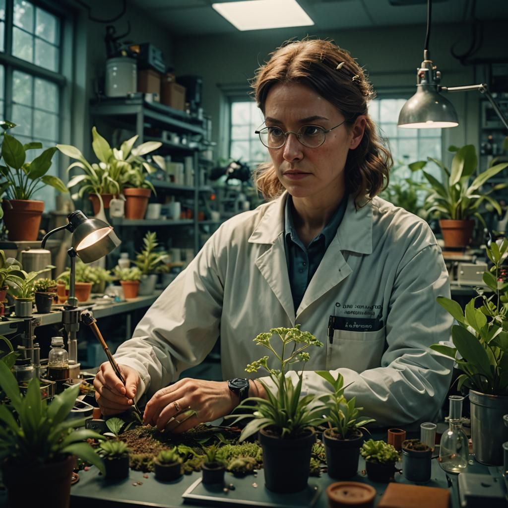 Botanist Olivia in the Lab: Cinematic Film Still