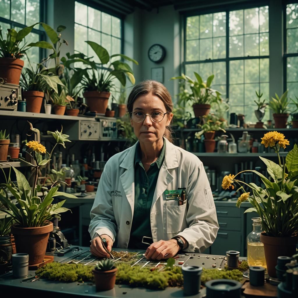 Botanist Olivia in the Lab: Cinematic Film Still