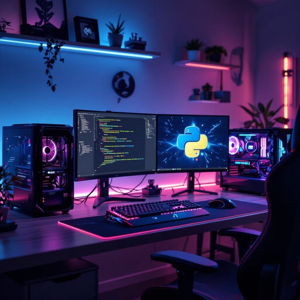Futuristic Gaming Setup with Dual PCs and RGB Lights