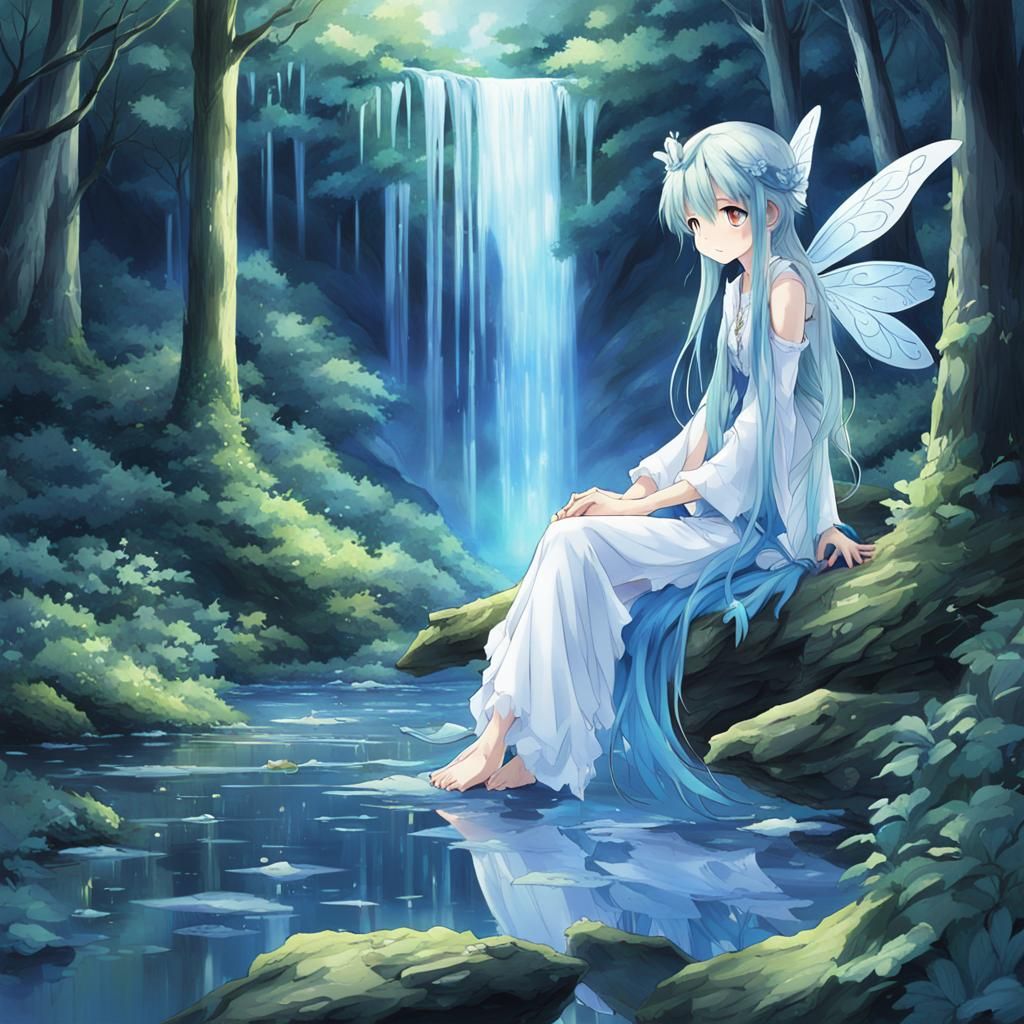 Crying Silver Fairy in Blue Forest: Anime Style