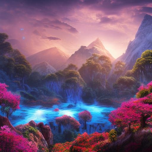 Blue River Temple in Overgrown Mountain Landscape