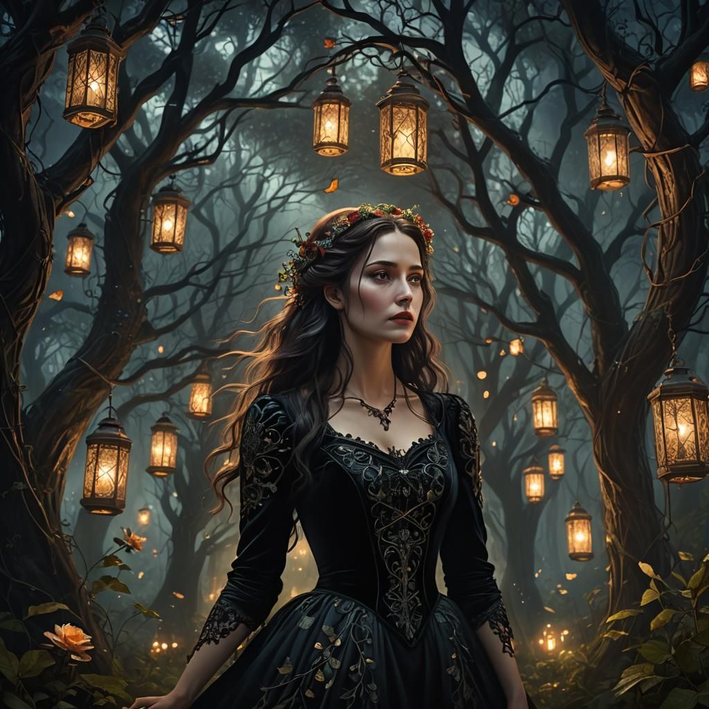 Gothic Floral Femme Fatale in Mystical Forest