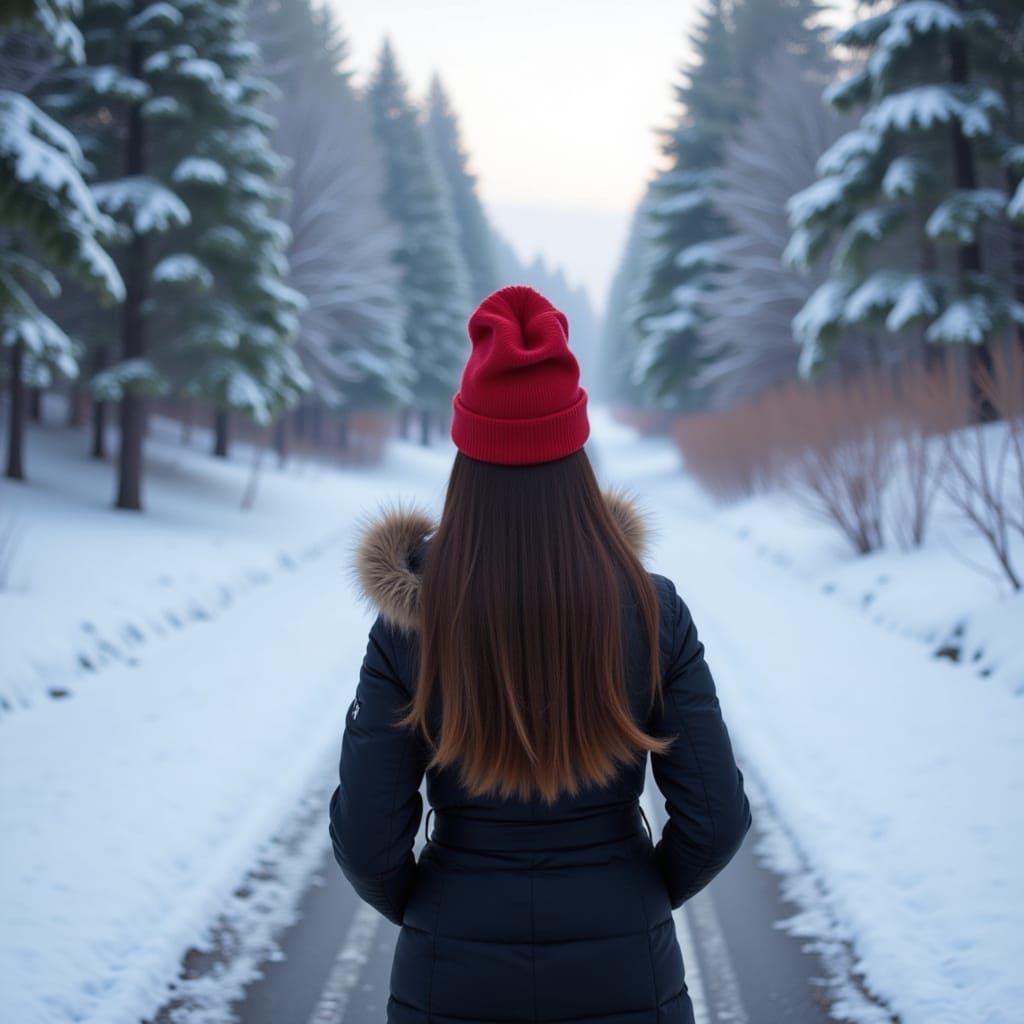 Woman in Winter Coat Walks on Snowy Road