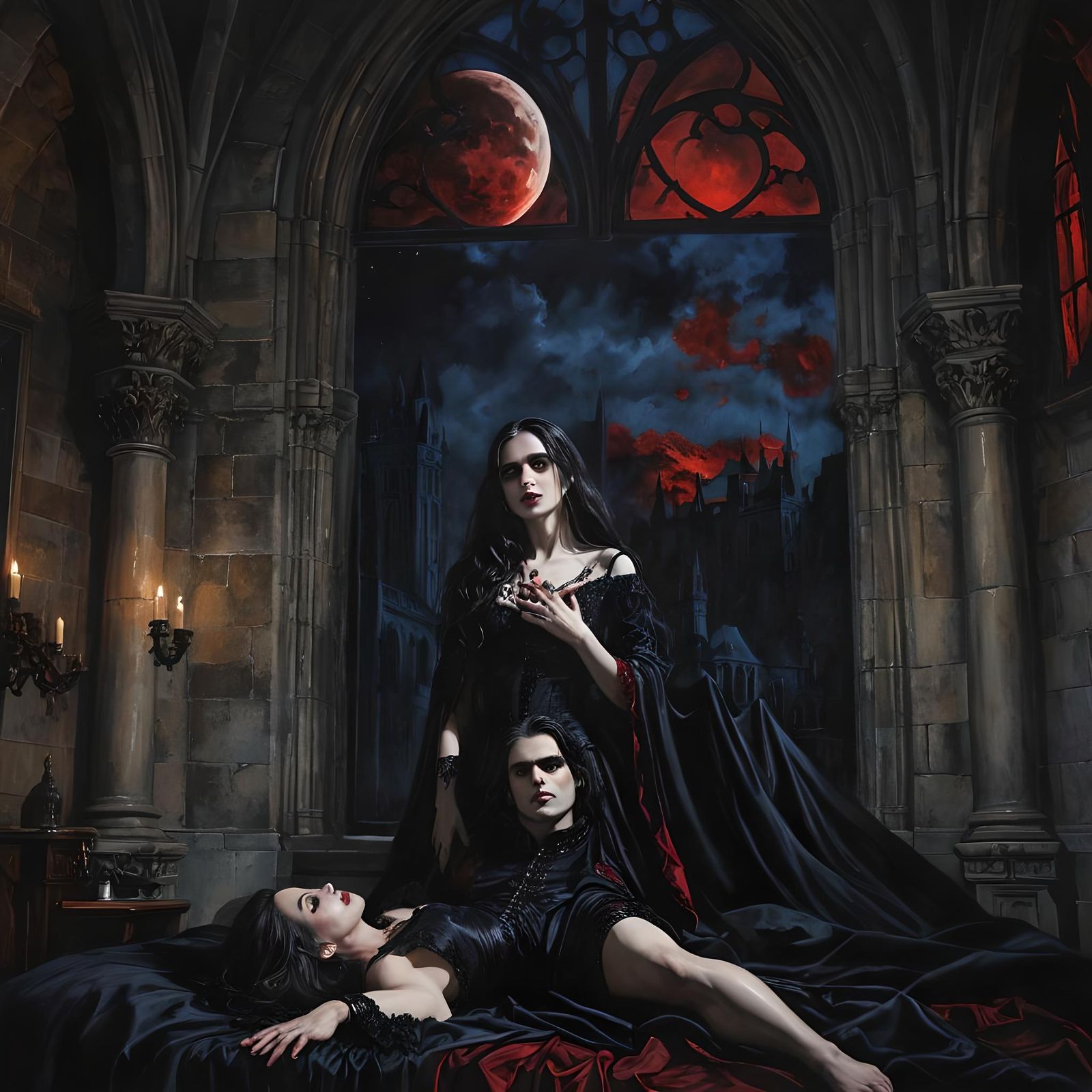 Gothic Vampire Scene in Medieval Castle, Graffiti Art