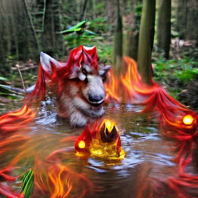 Magical Fire Wolf and Water Grim in Forest