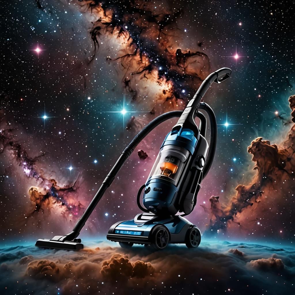 Vacuum Cleaner in Space with Nebula Background