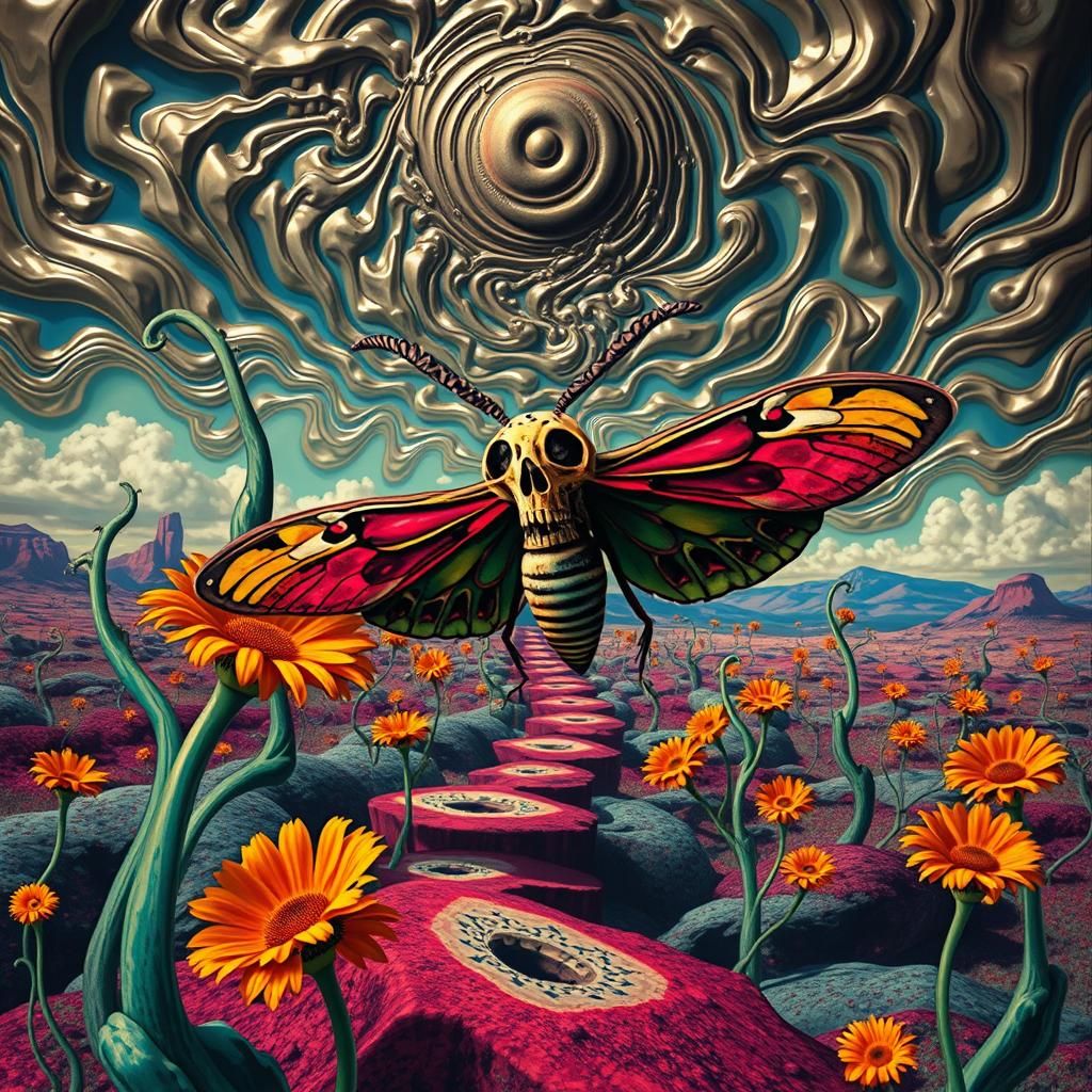 Surreal Landscape with Elastic Flora and Sugar Skull Moth